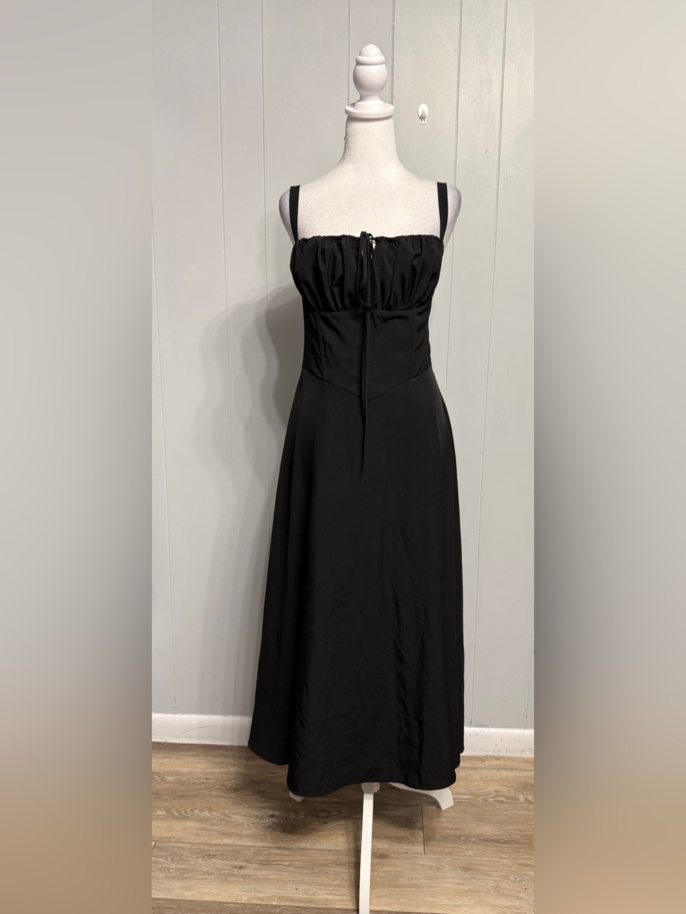 Classic Black Midi Dress with Ruched Bust and Adjusting Strap Back